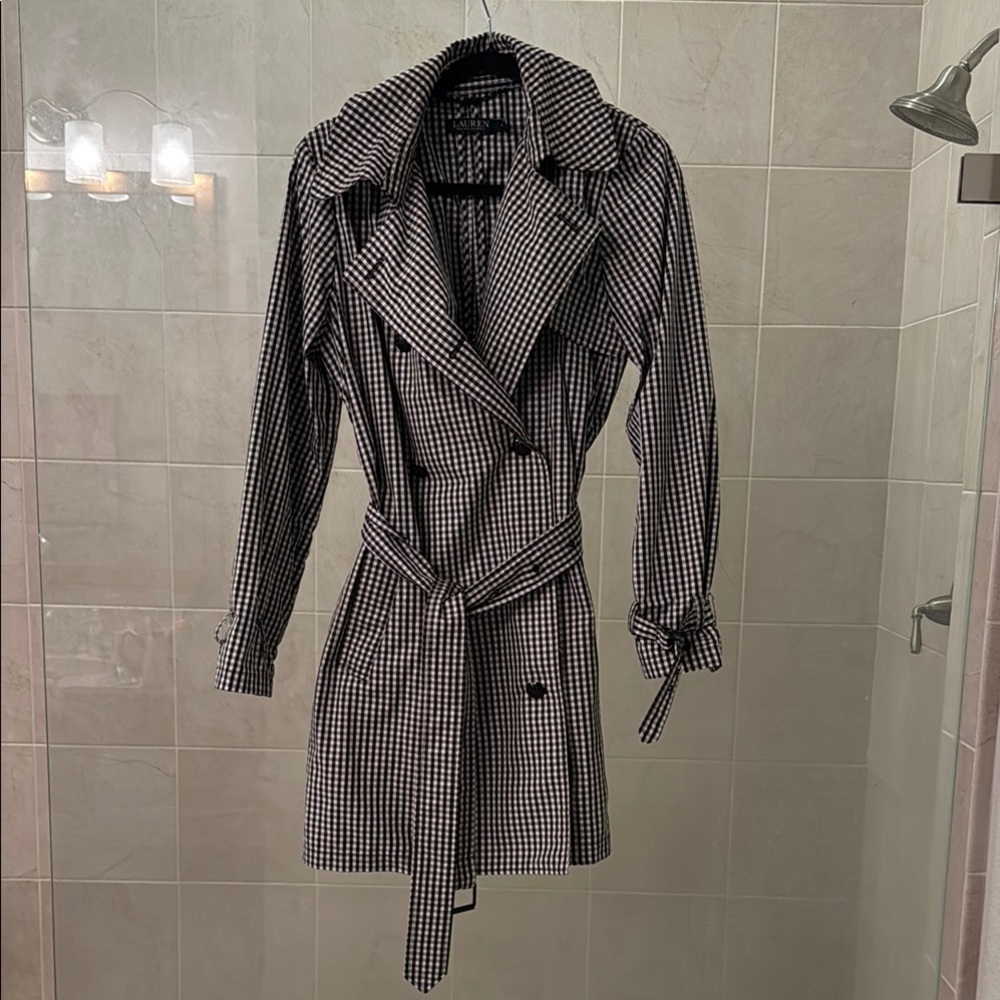 LAUREN Black and White Checkered Black Women's Trench Coat